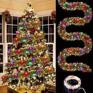 16ft LED Christmas Holiday Tinsel Garland with 50 Lights - Battery Operated